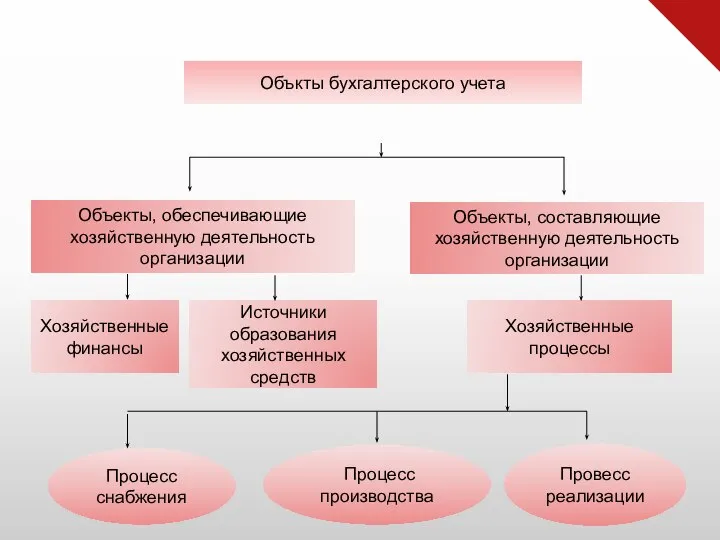 Объкты бухгалтерского учета Объекты, составляющие хозяйственную деятельность организации Хозяйственные процессы Источники