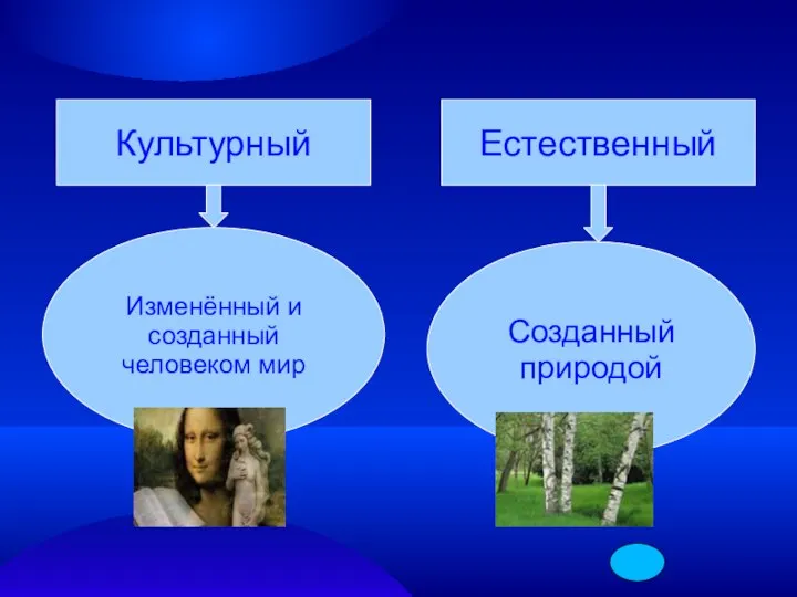 Культурный Изменённый и созданный человеком мир Естественный Созданный природой