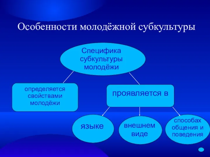 Особенности молодёжной субкультуры Специфика субкультуры молодёжи определяется свойствами молодёжи проявляется в