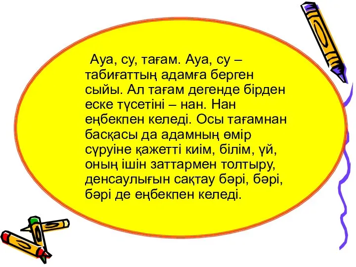 Ауа, су, тағам. Ауа, су – табиғаттың адамға берген сыйы. Ал