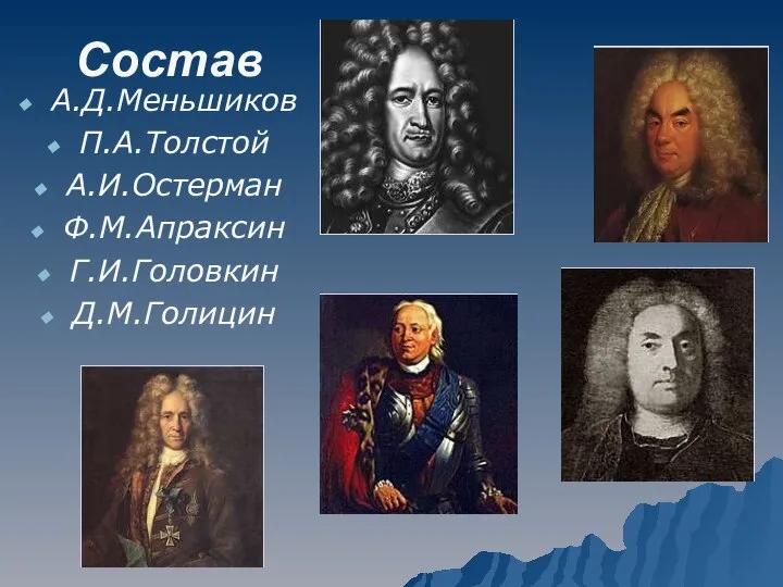 Состав А.Д.Меньшиков П.А.Толстой А.И.Остерман Ф.М.Апраксин Г.И.Головкин Д.М.Голицин