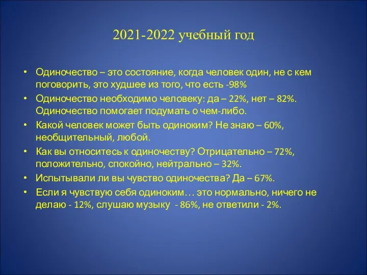 2021-2022 учебный год Одиночество – это состояние, когда человек один, не