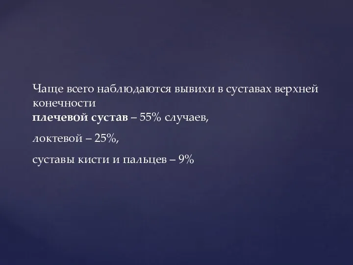 Чаще всего наблюдаются вывихи в суставах верхней конечности плечевой сустав –