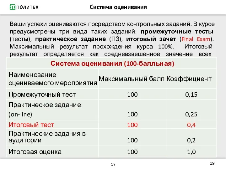 Система оценивания Ваши успехи оцениваются посредством контрольных заданий. В курсе предусмотрены