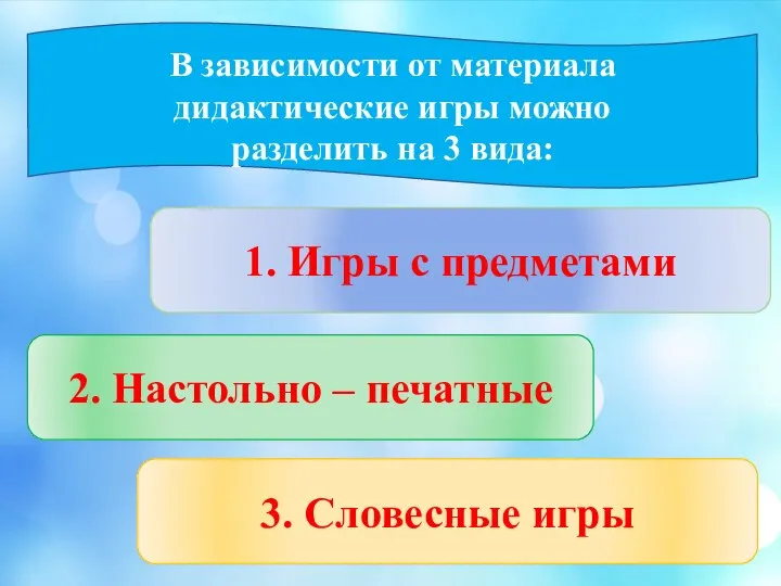 В зависимости от материала дидактические игры можно разделить на 3 вида: