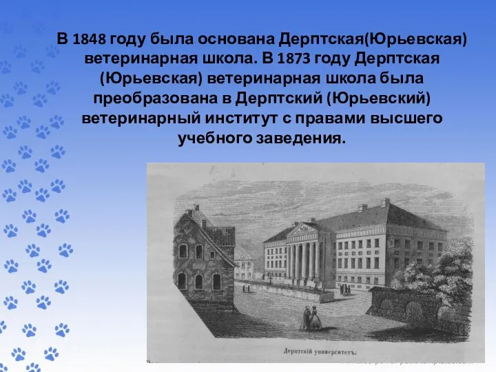 В 1848 году была основана Дерптская(Юрьевская) ветеринарная школа. В 1873 году
