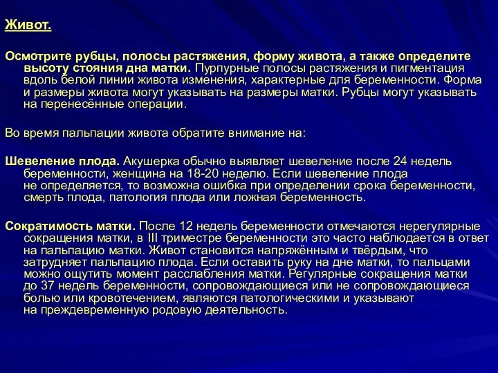 Живот. Осмотрите рубцы, полосы растяжения, форму живота, а также определите высоту