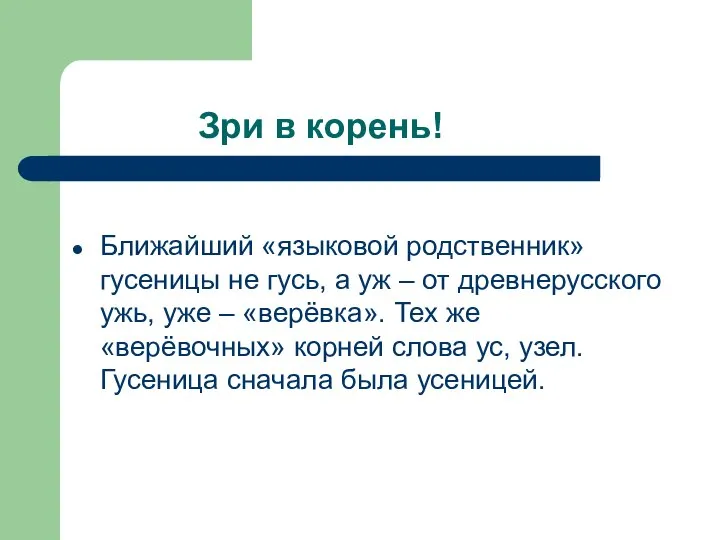 Зри в корень! Ближайший «языковой родственник» гусеницы не гусь, а уж