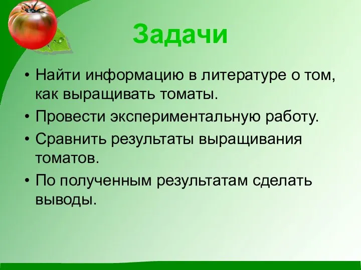 Задачи Найти информацию в литературе о том, как выращивать томаты. Провести