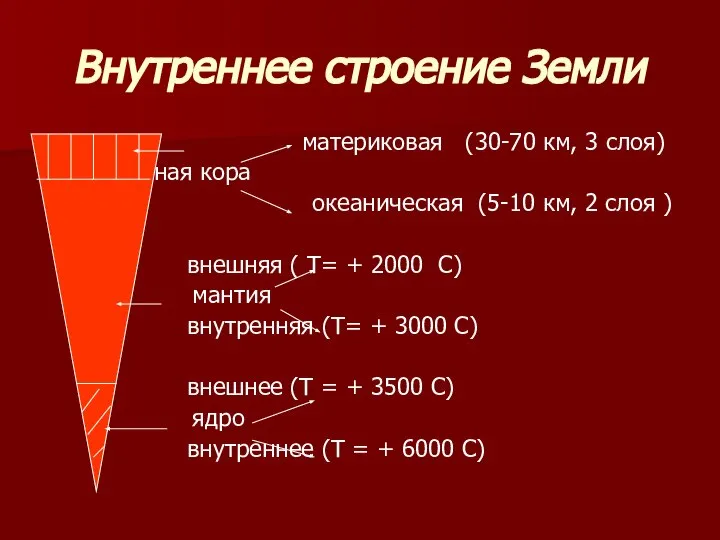 Внутреннее строение Земли материковая (30-70 км, 3 слоя) земная кора океаническая