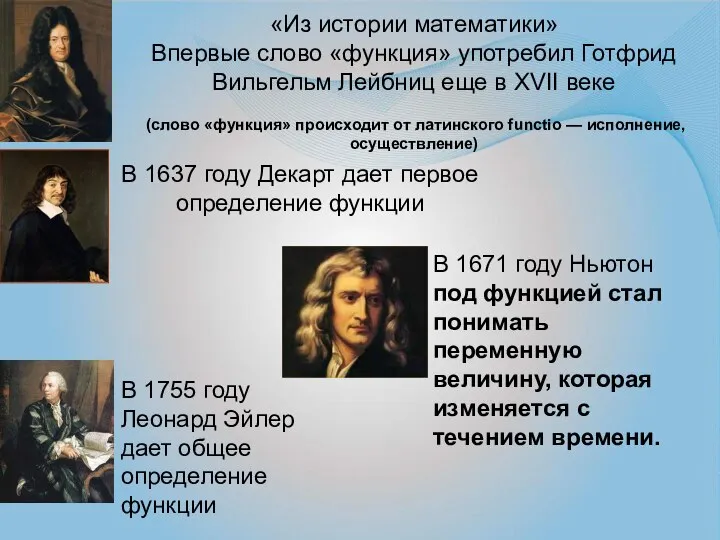 «Из истории математики» Впервые слово «функция» употребил Готфрид Вильгельм Лейбниц еще