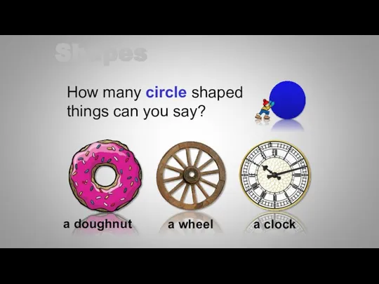 Shapes How many circle shaped things can you say? a doughnut a wheel a clock