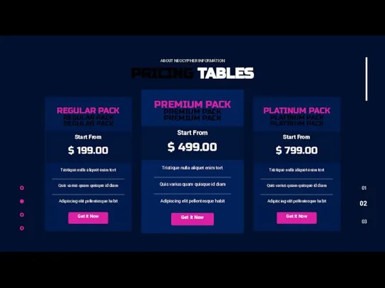 PRICING TABLES ABOUT NEOCYPHER INFORMATION 01 02 03 REGULAR PACK REGULAR