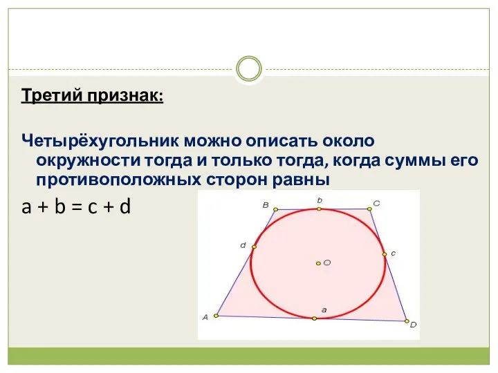 Третий признак: Четырёхугольник можно описать около окружности тогда и только тогда,