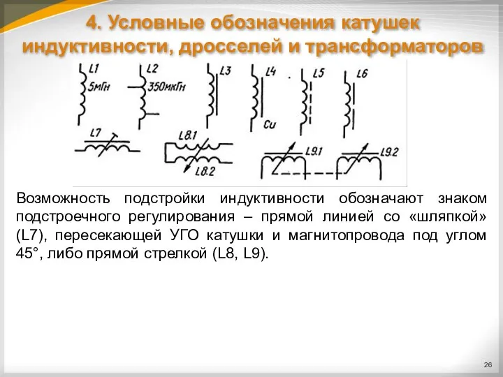 4. Условные обозначения катушек индуктивности, дросселей и трансформаторов Возможность подстройки индуктивности