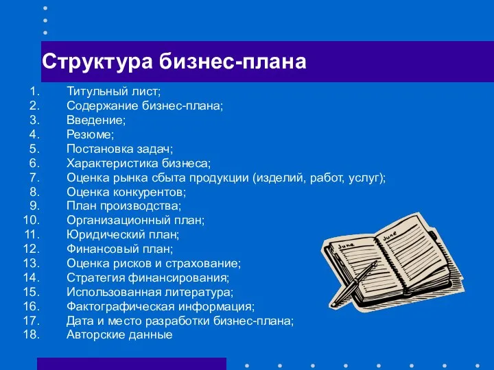 Структура бизнес-плана Титульный лист; Содержание бизнес-плана; Введение; Резюме; Постановка задач; Характеристика