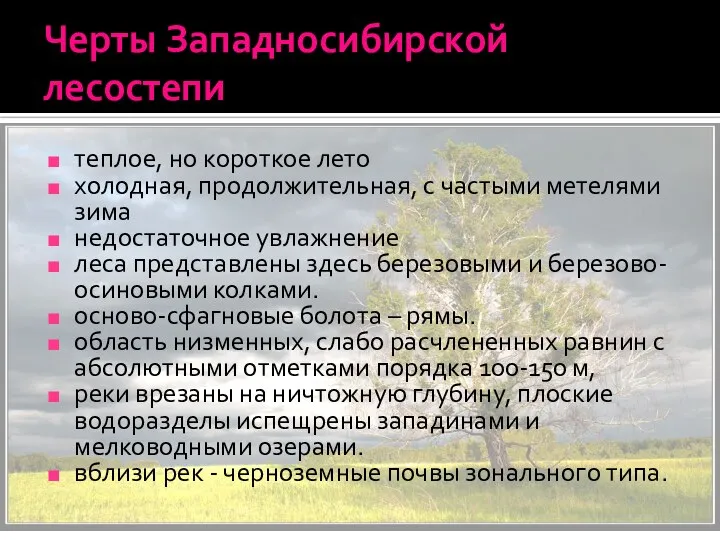 Черты Западносибирской лесостепи теплое, но короткое лето холодная, продолжительная, с частыми