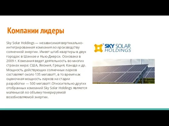 Компании лидеры Sky Solar Holdings — независимая вертикально-интегрированная компания по производству