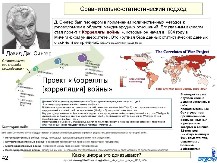 Статистичес-кие методы исследования Проект «Корреляты [корреляция] войны» https://studme.org/196433/sotsiologiya/devid_singer_david_singer_1925_2009 Д. Сингер был