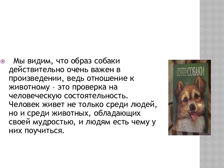 Мы видим, что образ собаки действительно очень важен в произведении, ведь