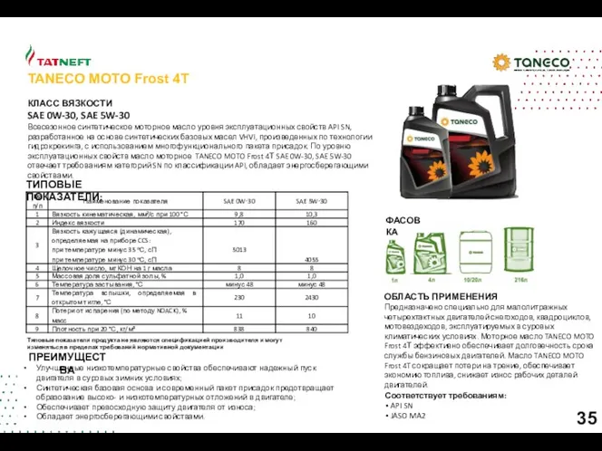 TANECO MOTO Frost 4Т КЛАСС ВЯЗКОСТИ SAE 0W-30, SAE 5W-30 Всесезонное