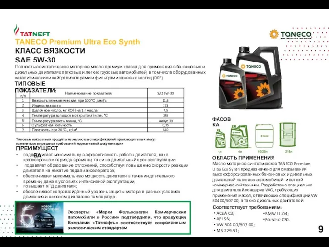 ОБЛАСТЬ ПРИМЕНЕНИЯ Масло моторное синтетическое TANECO Premium Ultra Eco Synth предназначено