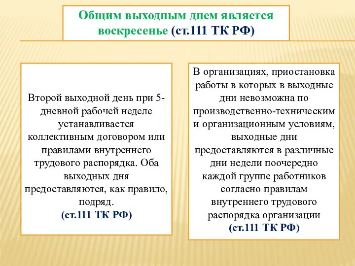 Общим выходным днем является воскресенье (ст.111 ТК РФ) Второй выходной день