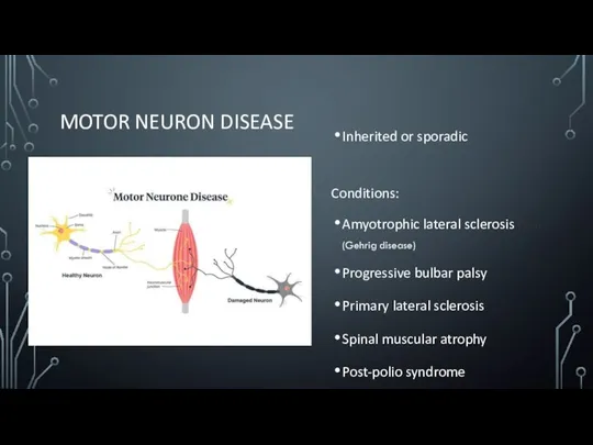 MOTOR NEURON DISEASE Inherited or sporadic Conditions: Amyotrophic lateral sclerosis (Lou