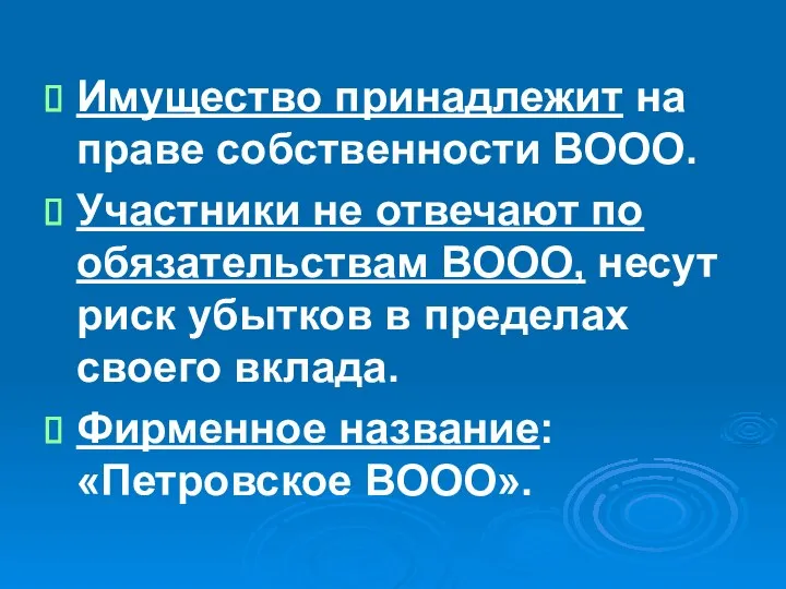 Имущество принадлежит на праве собственности ВООО. Участники не отвечают по обязательствам