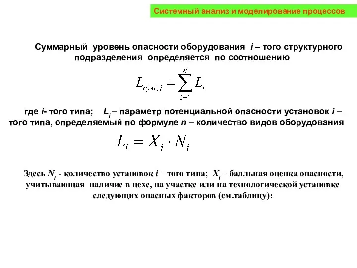 Суммарный уровень опасности оборудования i – того структурного подразделения определяется по