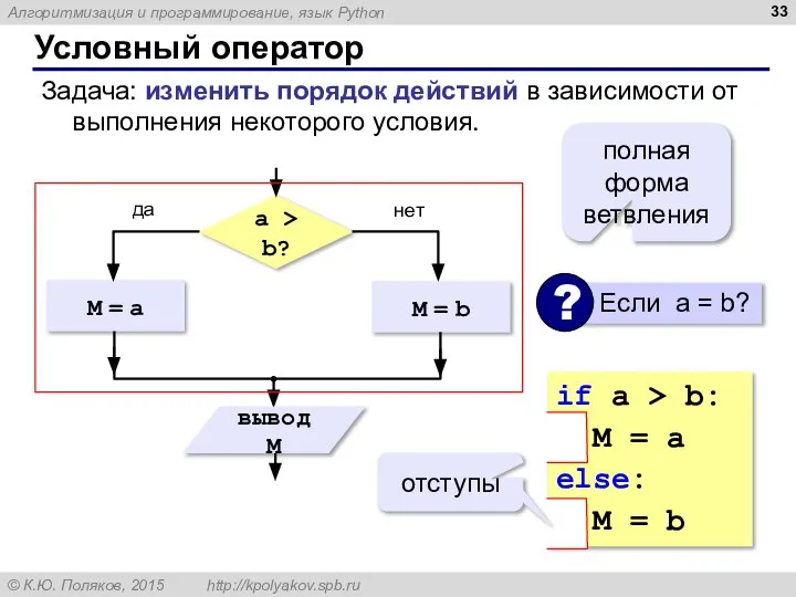 Условный оператор Задача: изменить порядок действий в зависимости от выполнения некоторого