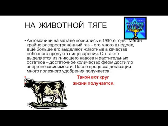 НА ЖИВОТНОЙ ТЯГЕ Автомобили на метане появились в 1930-е годы. Метан