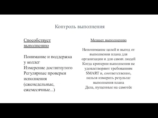 Контроль выполнения Способствует выполнению Понимание и поддержка у коллег Измерение достигнутого