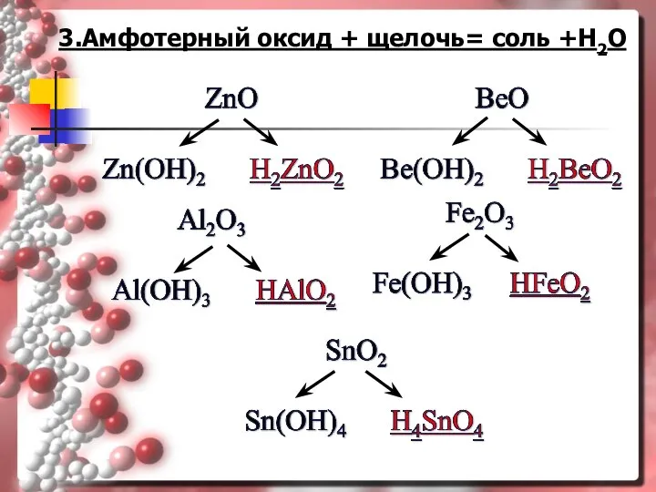 3.Амфотерный оксид + щелочь= соль +Н2О
