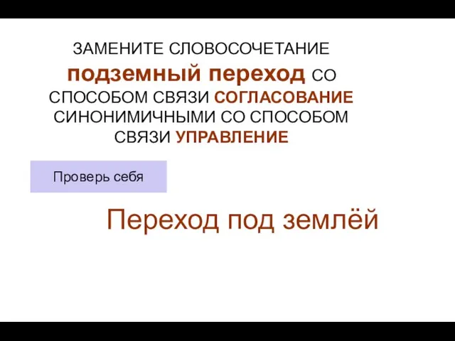 ЗАМЕНИТЕ СЛОВОСОЧЕТАНИЕ подземный переход СО СПОСОБОМ СВЯЗИ СОГЛАСОВАНИЕ СИНОНИМИЧНЫМИ СО СПОСОБОМ