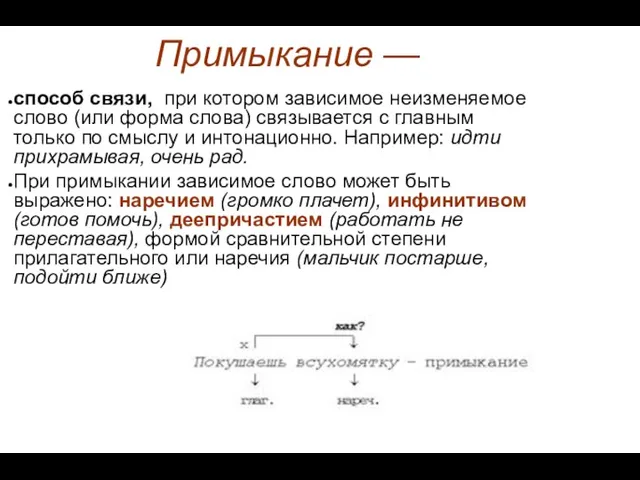 Примыкание — способ связи, при котором зависимое неизменяемое слово (или форма