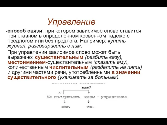 Управление способ связи, при котором зависимое слово ставится при главном в