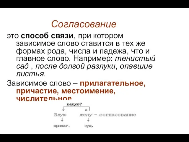 Согласование это способ связи, при котором зависимое слово ставится в тех