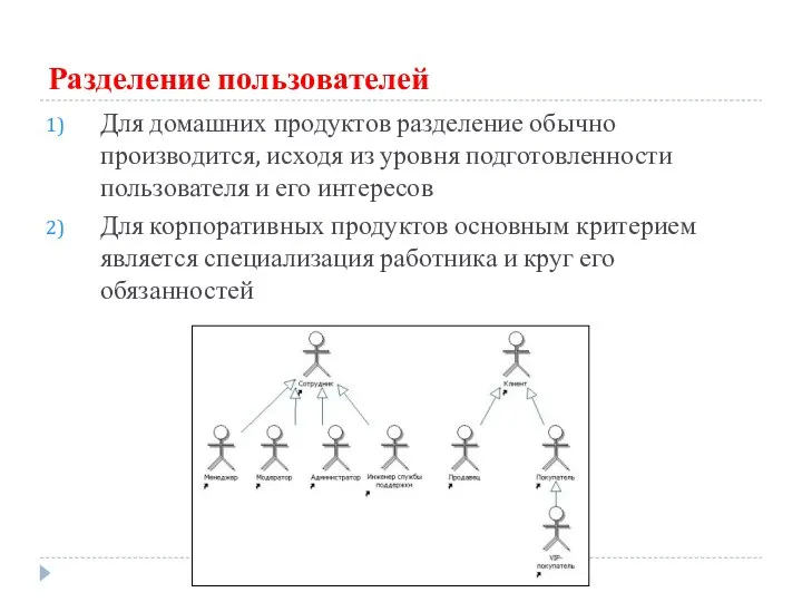 Разделение пользователей Для домашних продуктов разделение обычно производится, исходя из уровня