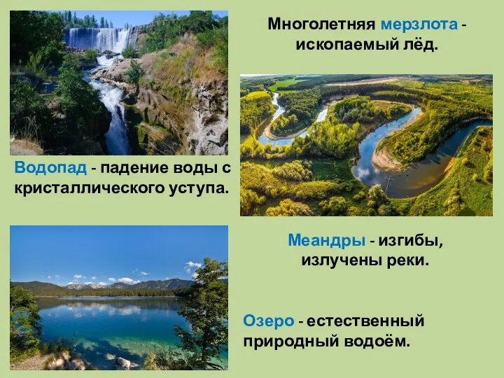 Водопад - падение воды с кристаллического уступа. Озеро - естественный природный