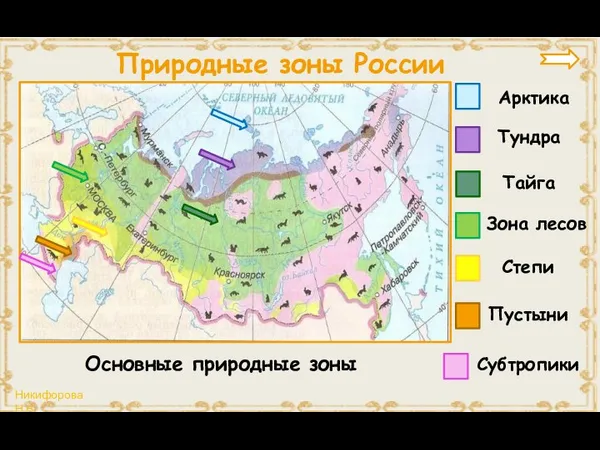 Природные зоны России Арктика Тундра Тайга Зона лесов Степи Пустыни Субтропики Основные природные зоны