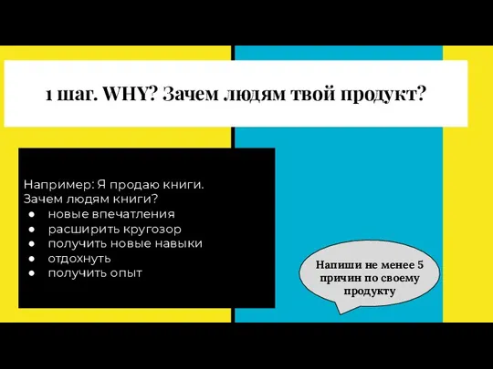 1 шаг. WHY? Зачем людям твой продукт? Например: Я продаю книги.