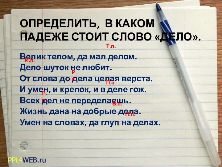 ОПРЕДЕЛИТЬ, В КАКОМ ПАДЕЖЕ СТОИТ СЛОВО «ДЕЛО». Велик телом, да мал