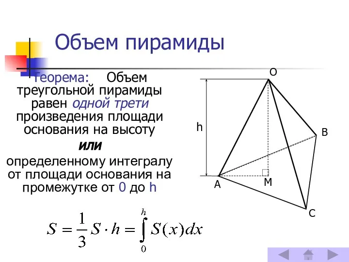 Объем пирамиды Теорема: Объем треугольной пирамиды равен одной трети произведения площади