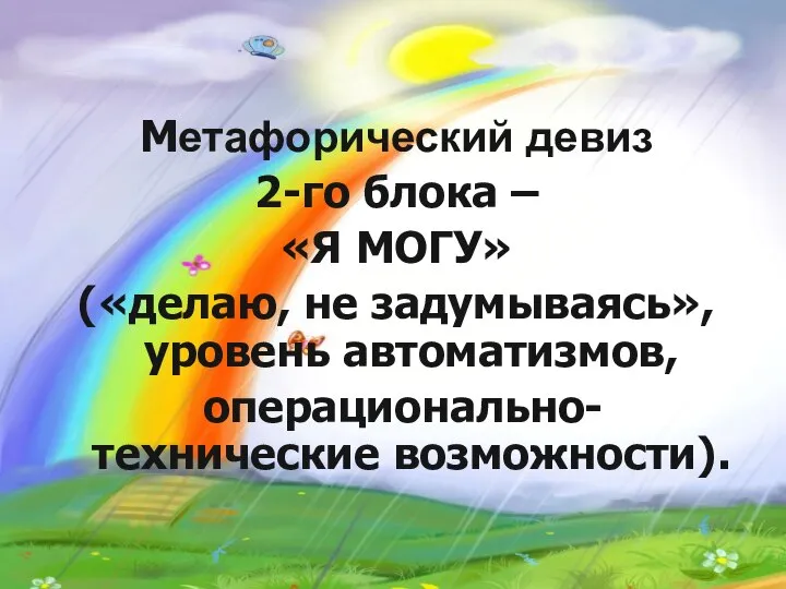 Метафорический девиз 2-го блока – «Я МОГУ» («делаю, не задумываясь», уровень автоматизмов, операционально-технические возможности).