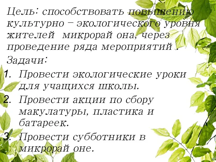 Цель: способствовать повышению культурно – экологического уровня жителей микрорайона, через проведение