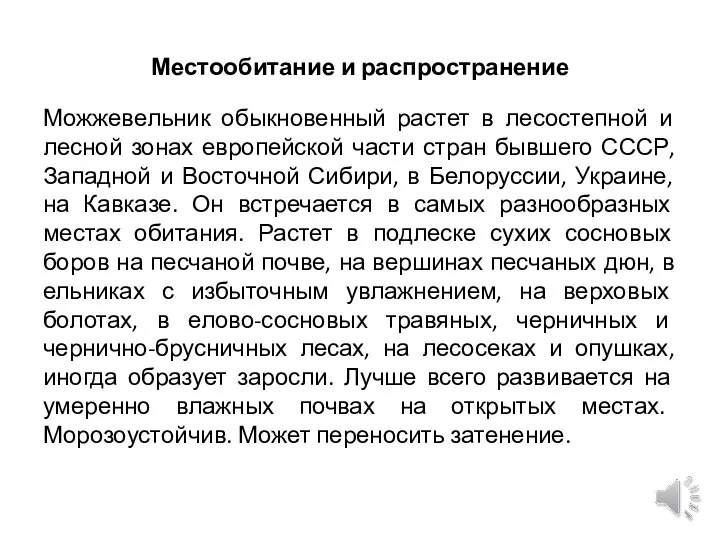 Местообитание и распространение Можжевельник обыкновенный растет в лесостепной и лесной зонах