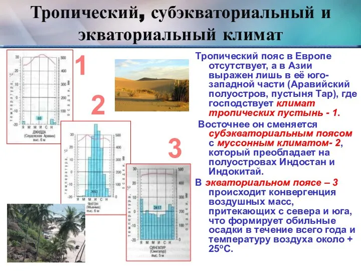 Тропический, субэкваториальный и экваториальный климат Тропический пояс в Европе отсутствует, а