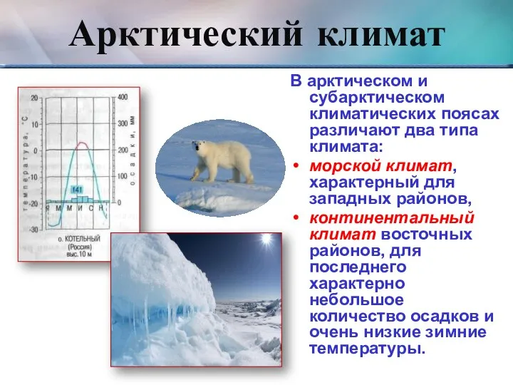 Арктический климат В арктическом и субарктическом климатических поясах различают два типа