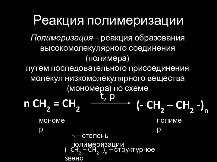 Реакция полимеризации Полимеризация – реакция образования высокомолекулярного соединения (полимера) путем последовательного